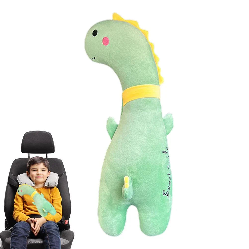 Comfortable car seat belt cushion pads with soft, breathable polyester fabric and plush PP cotton filling in fun cartoon designs including a giant goose, pink dinosaur, long-necked green dragon, and yellow giraffe