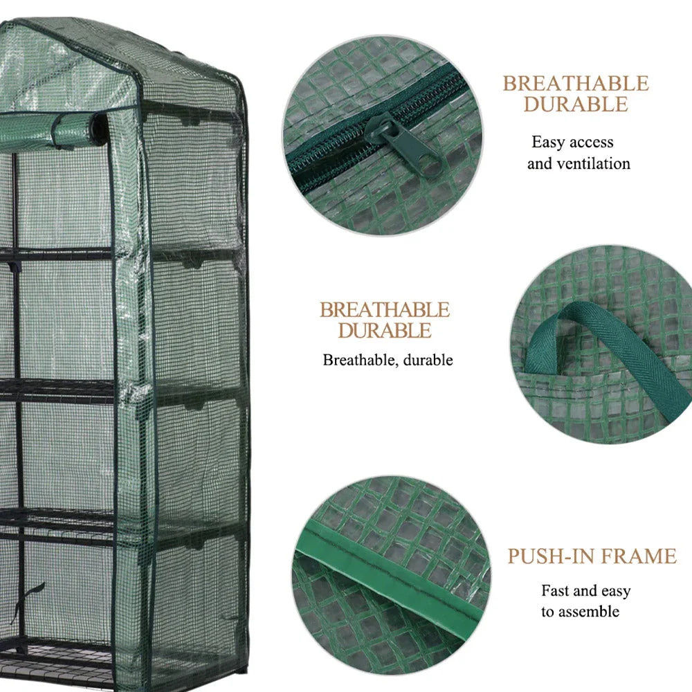 Compact 4-Tier Mini Greenhouse Cover with roll-up zipper door for growing plants in limited outdoor spaces