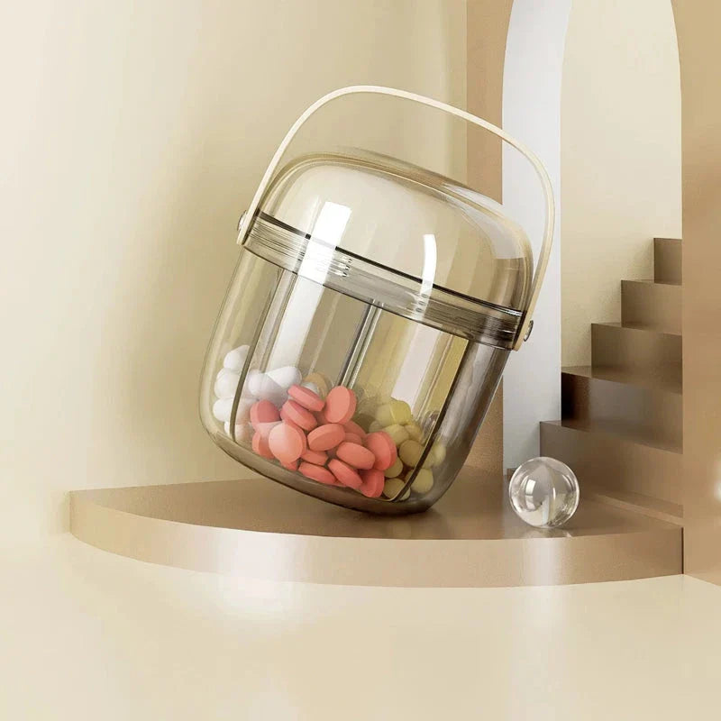 Compact and waterproof pill organiser with transparent body and spiral sliding cover for organised medication storage during travel