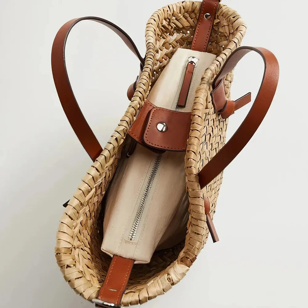 Elegant woven wicker basket bag in brown, perfect for summer adventures and carrying essentials