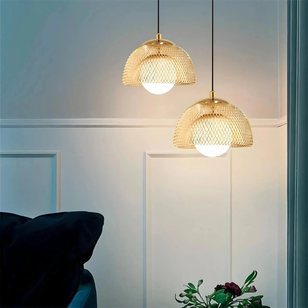 Elegant modern Nordic-inspired copper LED pendant light with a gold lampshade, providing focused illumination for bedrooms, dining rooms, kitchens, and living areas.