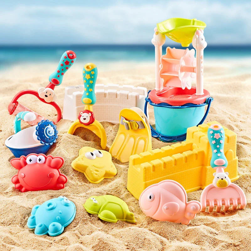 Colourful and vibrant baby beach toy set with shovels, sand moulds, and a convenient carry bag