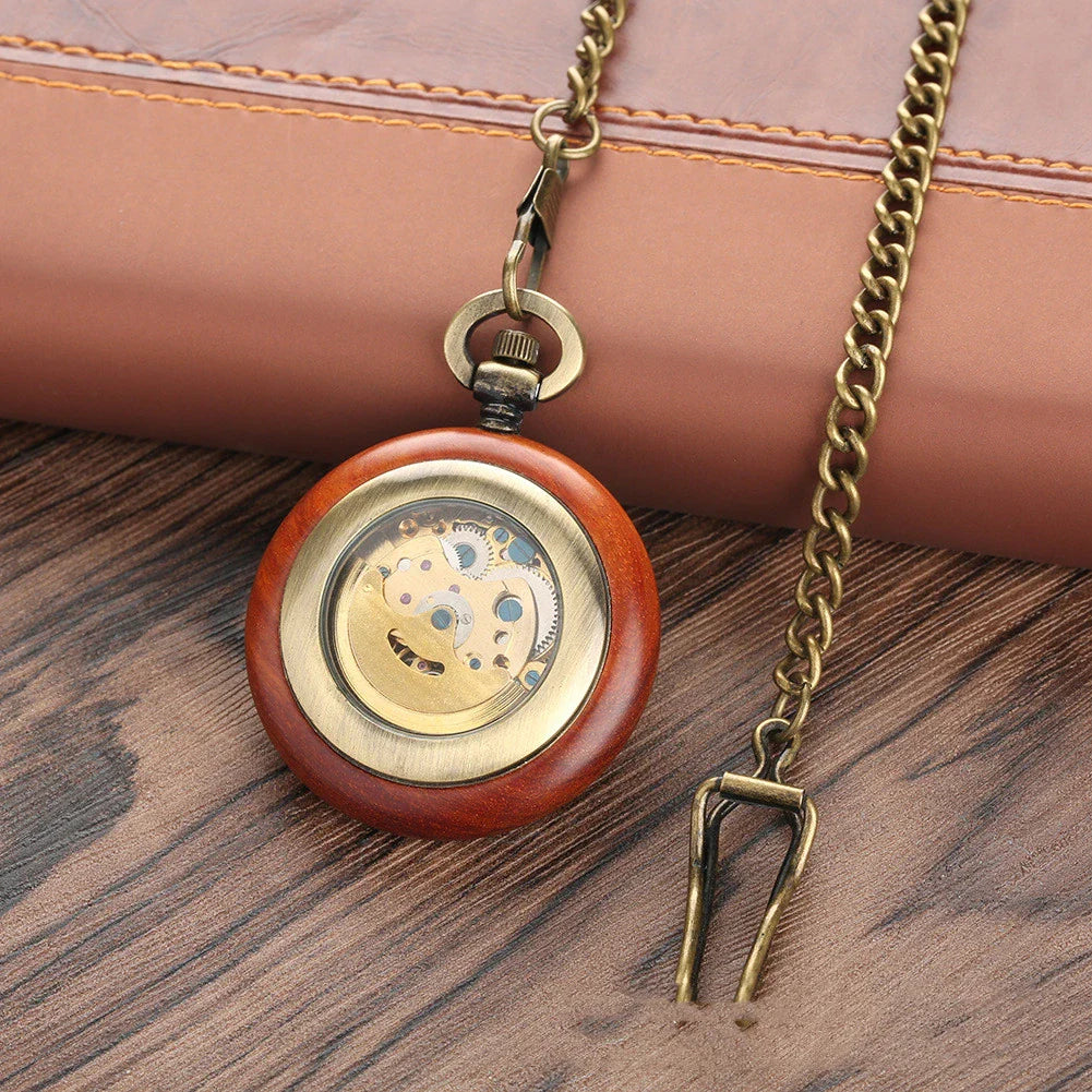 Elegant mahogany textured dial automatic mechanical wooden pocket watch with golden Roman numerals