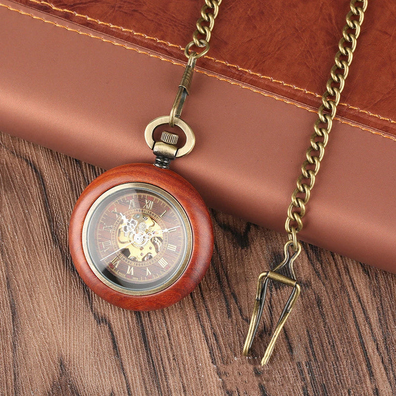Homeenjoy UK Elegant Mahogany Textured Dial Automatic Mechanical Wooden Pocket Watch
