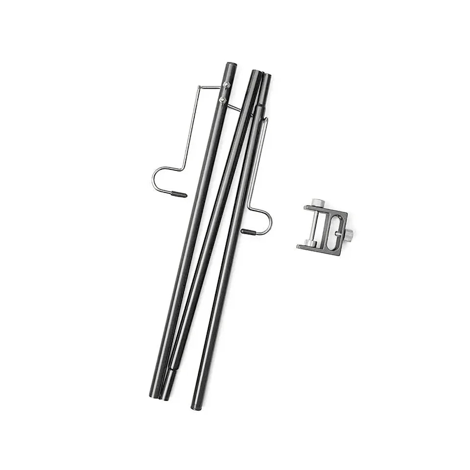 Adjustable camping lantern stand with detachable hangers, made of corrosion-resistant stainless steel and aluminium alloy for stable and elevated lighting.