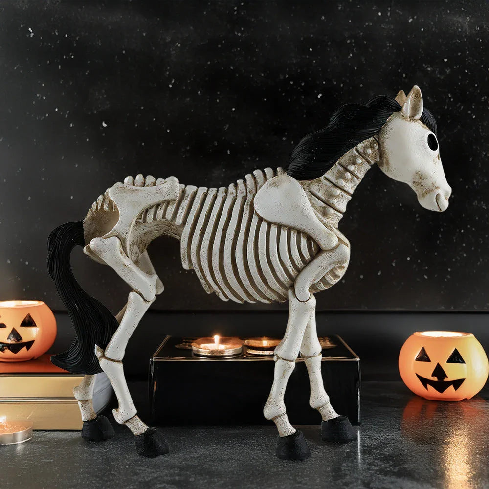 Detailed resin skeleton horse ornament in a spooky Halloween design, perfect for seasonal home decor