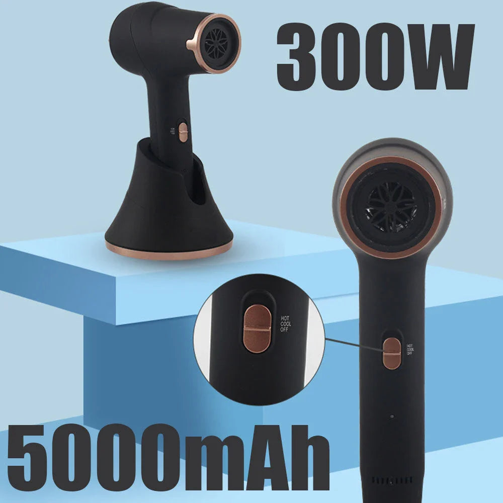 Cordless rechargeable travel hair dryer with 300W hot and cool air functionality, perfect for styling hair anywhere
