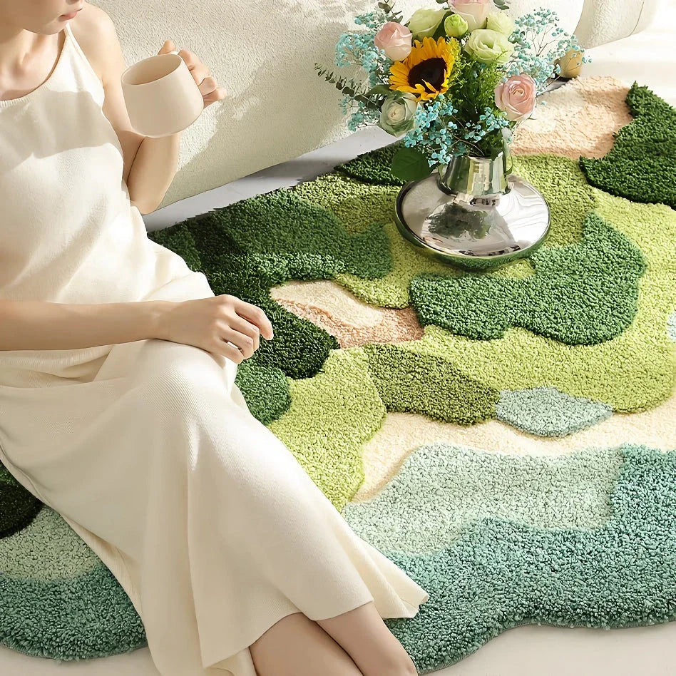 Elegant irregular-shaped Mountain Forest Flocked Carpet with a Kilim-inspired plant pattern, made from soft and durable 100% polyester material.