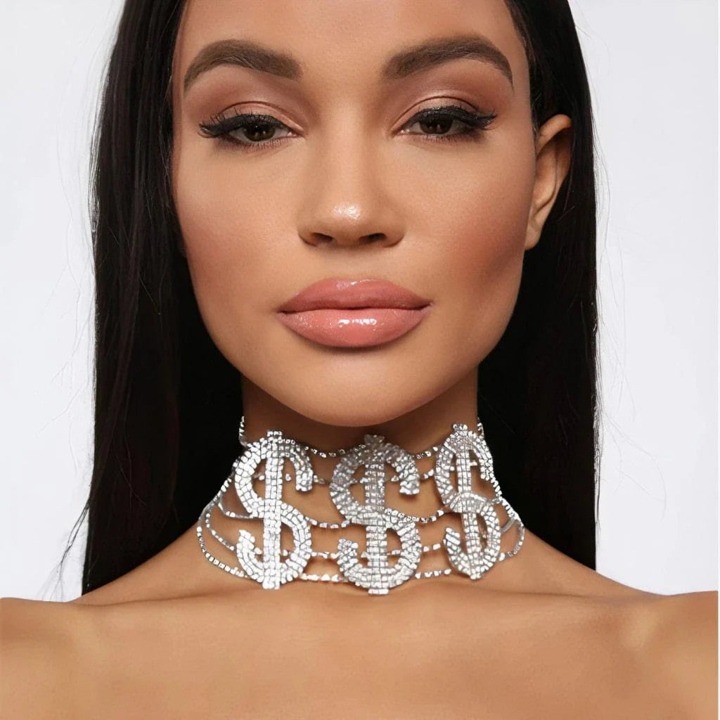 Dazzling Dollar Sign Choker: A Glamorous Accessory with Rhinestones and Gleaming Brass