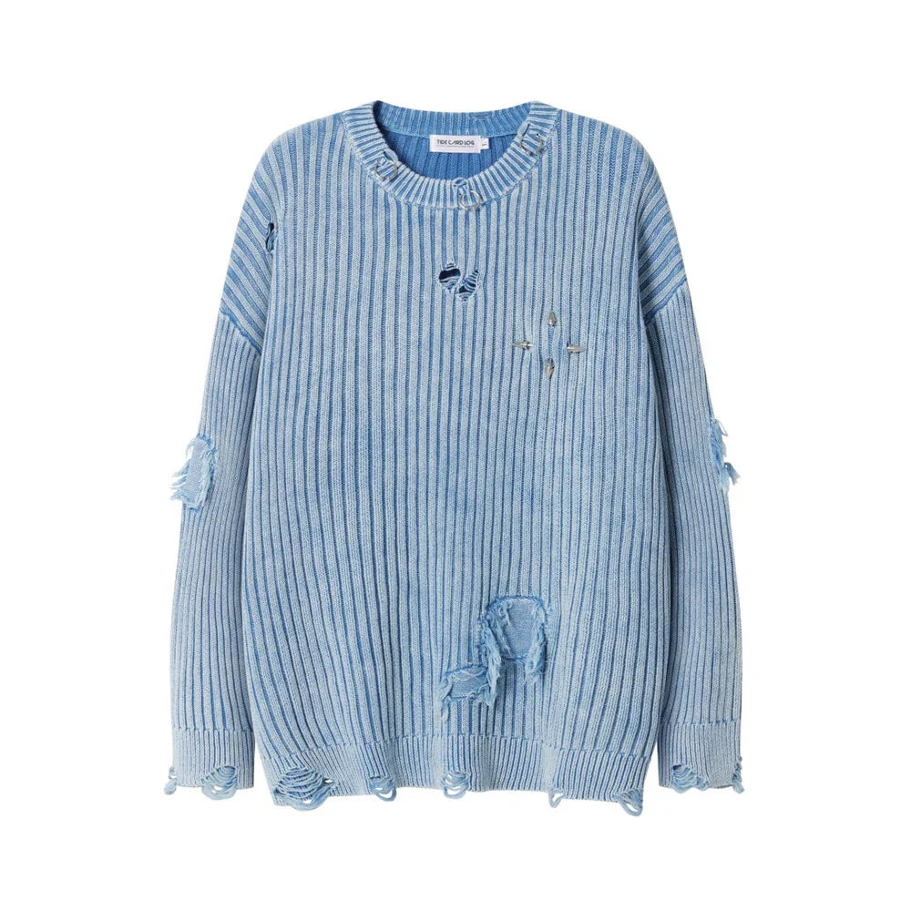 Classic ripped round neck jumper in a monochrome colour scheme, featuring a unique sunken stripe detail and a relaxed, comfortable fit.