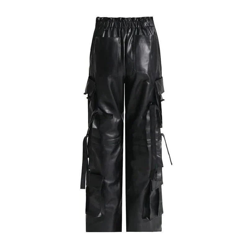A pair of high-waist leather cargo pants with a stylish patchwork design, offering a blend of functionality and fashion for modern women.