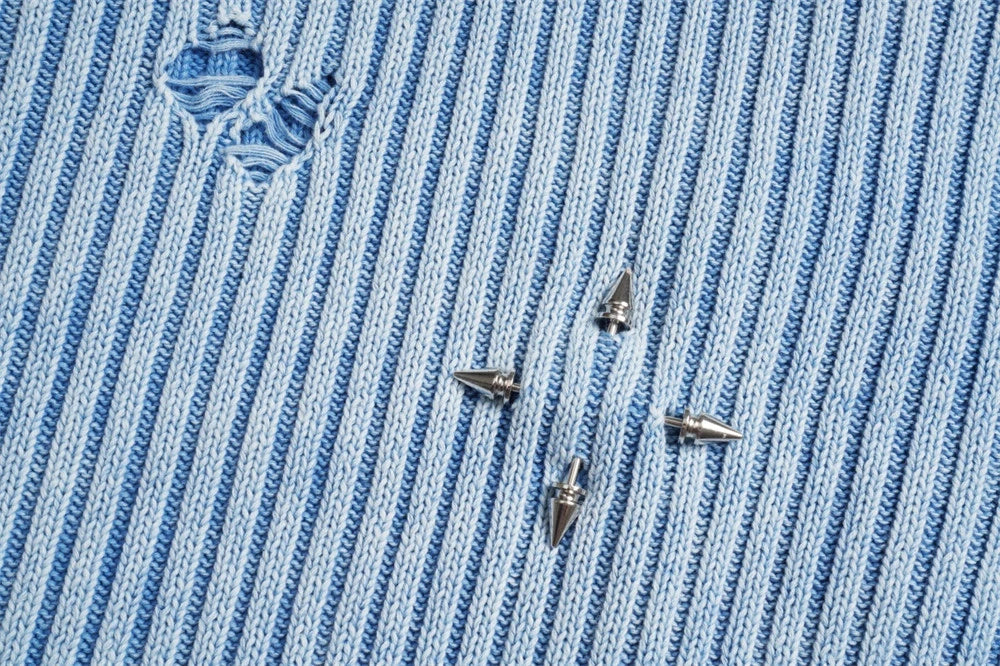 Classic ripped round neck jumper in a monochrome colour scheme, featuring a unique sunken stripe detail and a relaxed, comfortable fit.