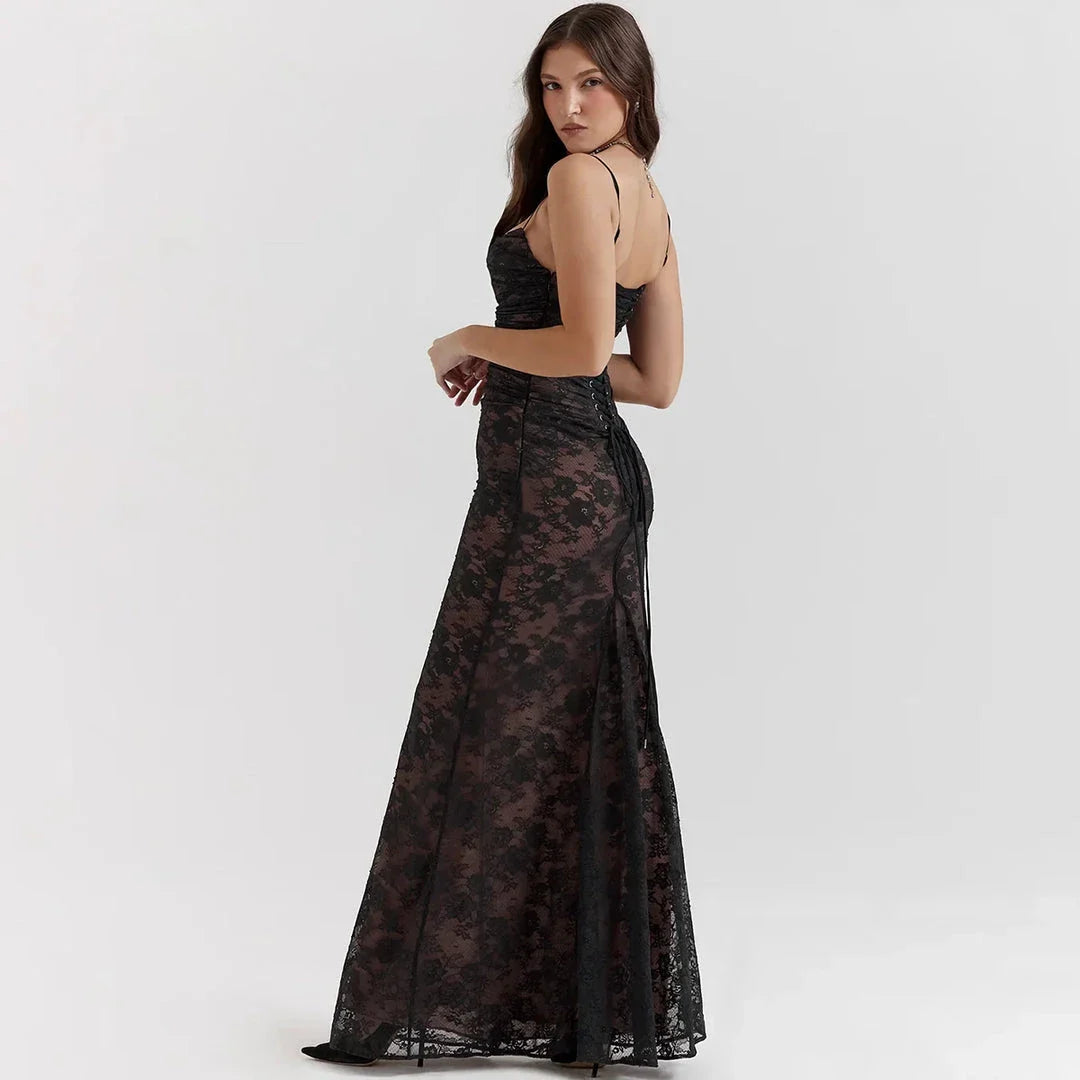 Elegant 2-Piece Lace Dress Set in Ivory, featuring a strap party dress and full sleeves outfit for formal occasions in the UK