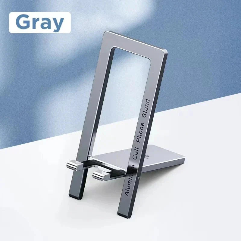 Adjustable metal phone stand in grey colour, foldable and portable for smartphones