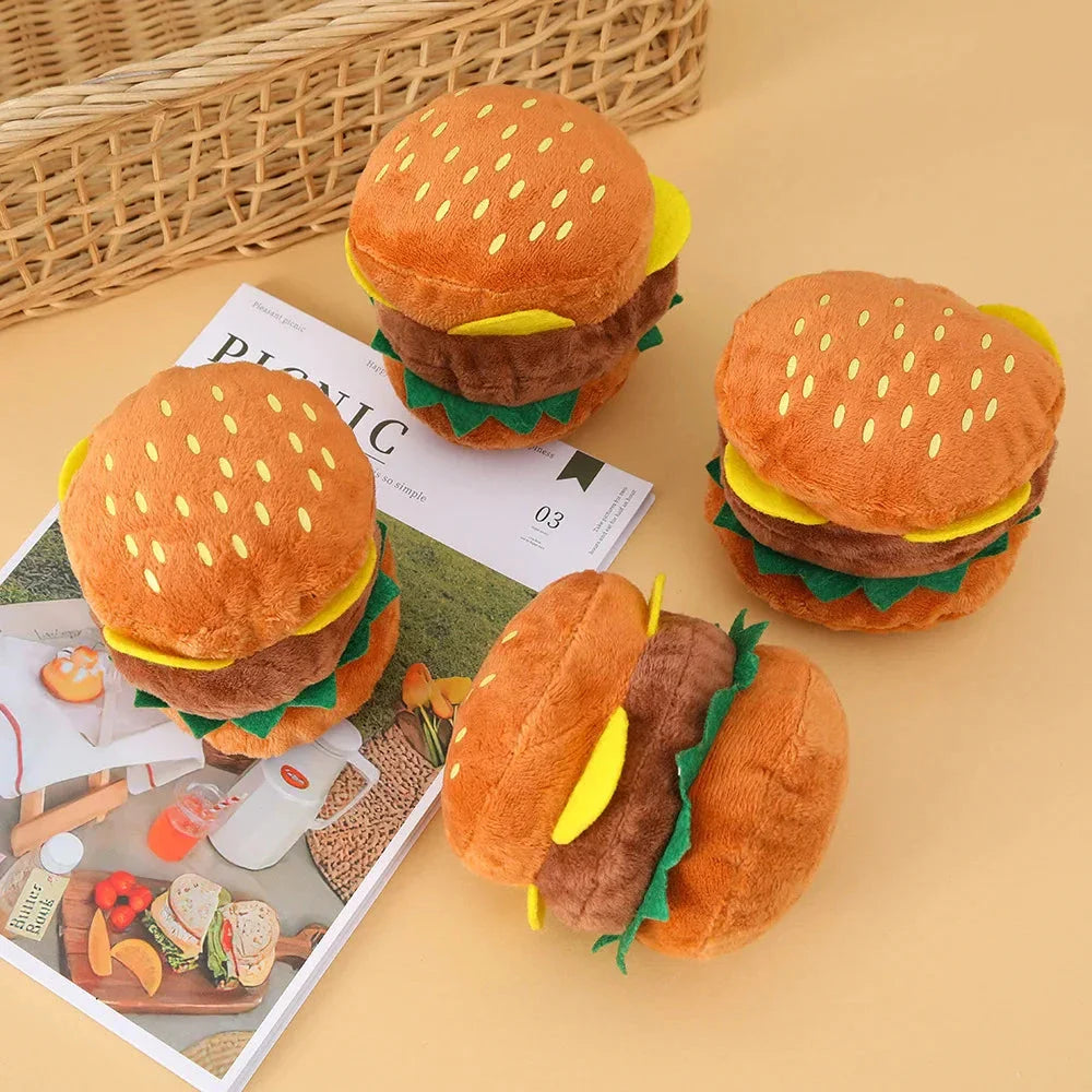 Soft, durable plush squeaky toy in adorable burger design for dogs and cats