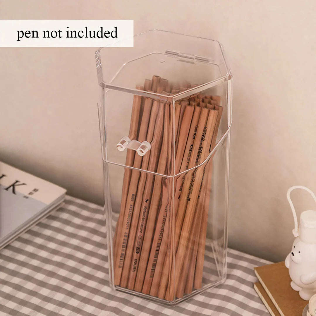 Clear acrylic pen and makeup brush holder with sleek, transparent design for stylish desktop or vanity organisation