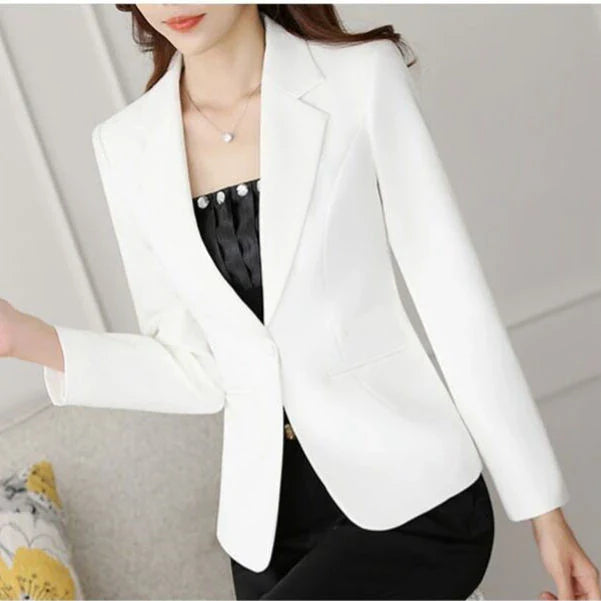Fashion Slim Short Casual Ladies Suit Jacket in White - Tailored British design with premium polyester construction for a chic, comfortable fit.