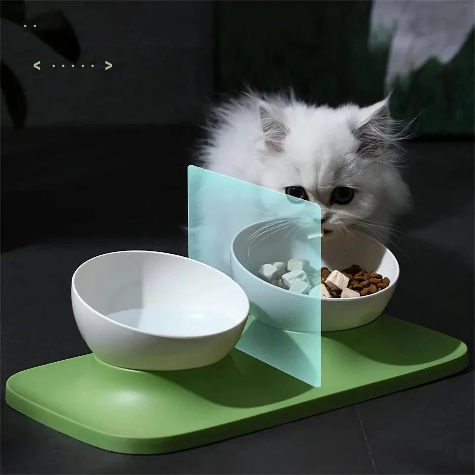 Adjustable anti-spill double bowl feeding station with neck guard for cats and dogs
