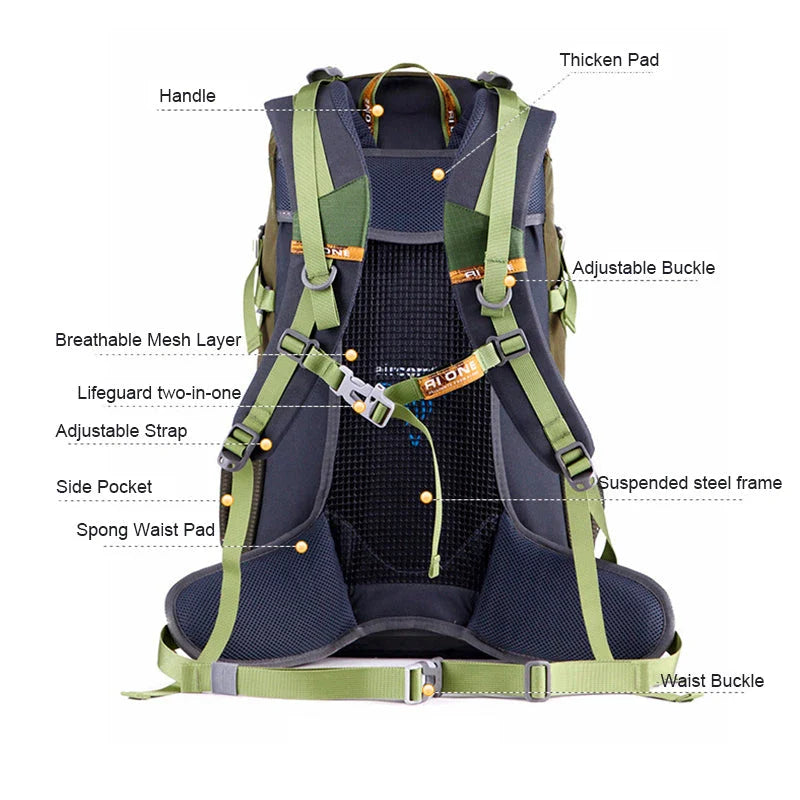 Durable outdoor climbing backpack with integrated raincover, featuring waterproof nylon construction, adjustable straps, and multiple storage compartments.