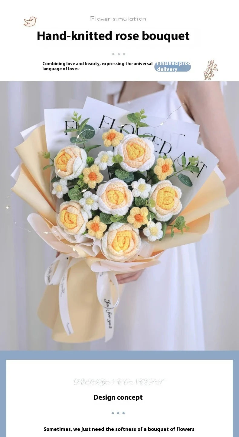 Beautifully crafted knitted bouquet with vibrant sunflowers, featuring a warm LED lighting system for a captivating display