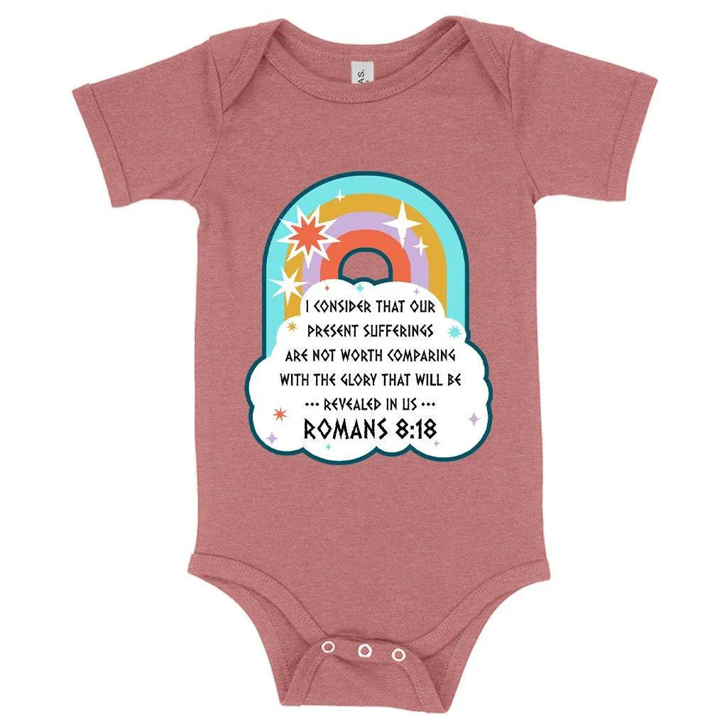 Comfy Bible verse baby bodysuit in mauve triblend fabric with flexible fit and envelope neckline