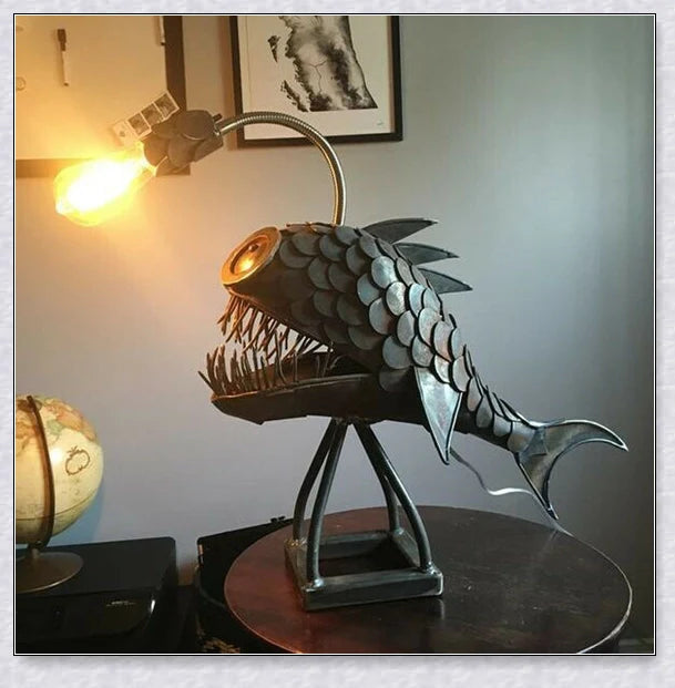 Handcrafted Steampunk Angler Fish Lamp with a warm, soothing glow for desk or office decor
