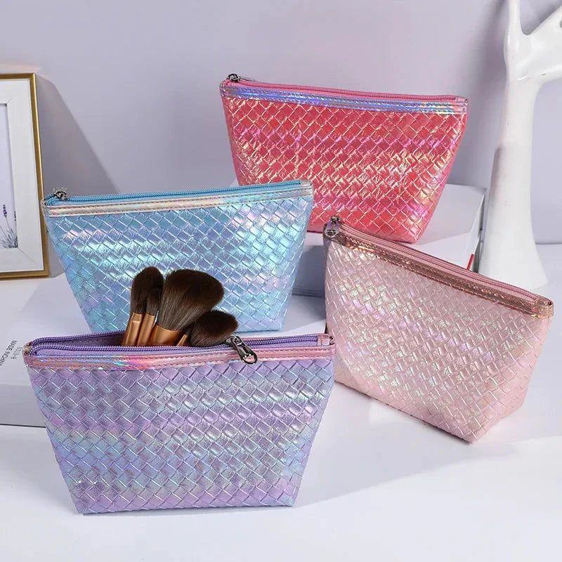 Large leather travel cosmetic bag with stylish paillette pattern, perfect for organising makeup and toiletries on the go