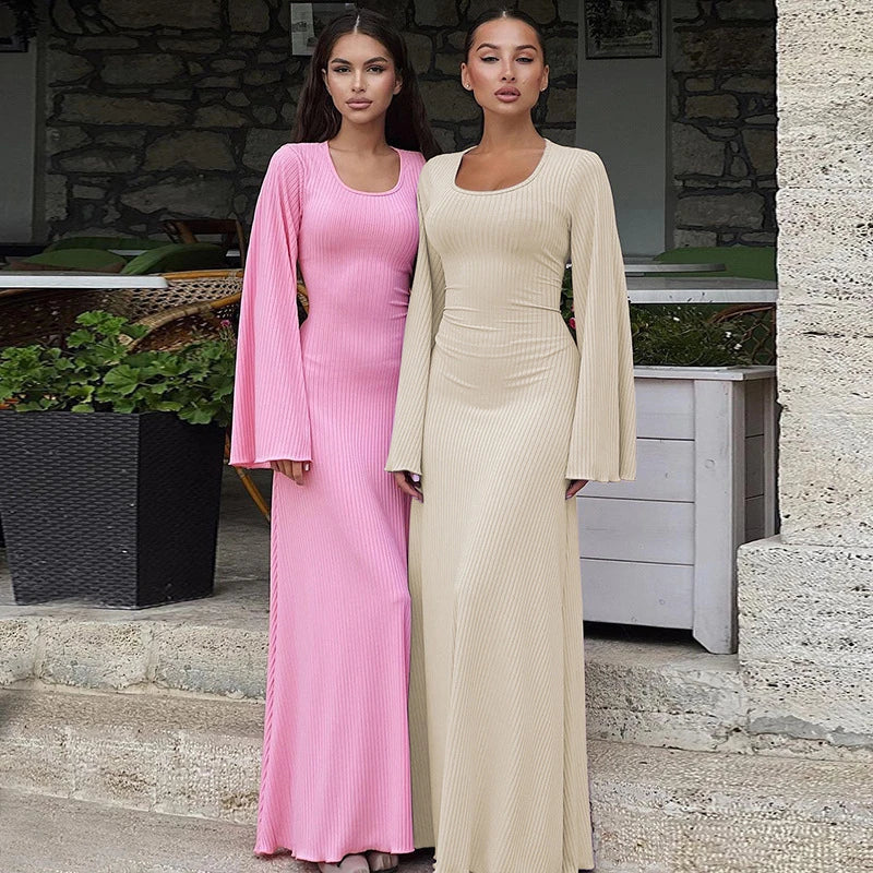 Homeenjoy UK Elegant U-Neck Dress with Lace-Up Back and Bell Sleeves