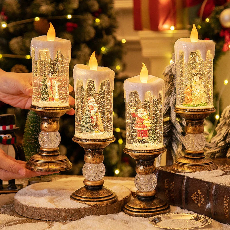 Charming Christmas candle scene layout with festive old man figure, panda pillow, and snowman candle
