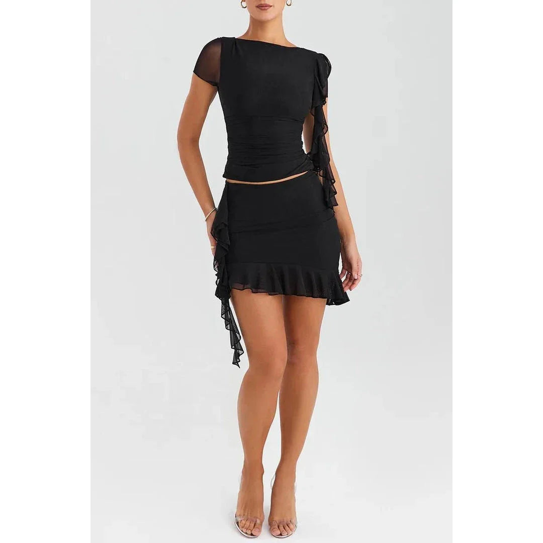 Elegant ruffle two-piece crop top and mini skirt set in yellow colour