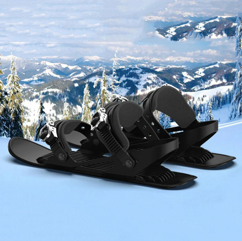 Adjustable mini ski skates with durable nylon and aluminium alloy construction, suitable for UK snow sports enthusiasts