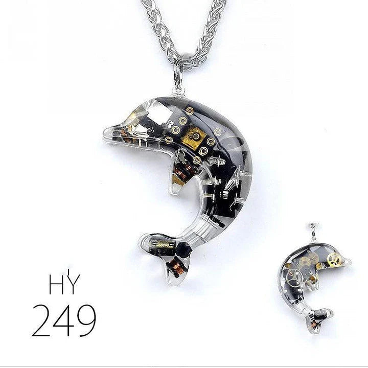 Steampunk-inspired dolphin pendant necklace with electronic components and brass accents