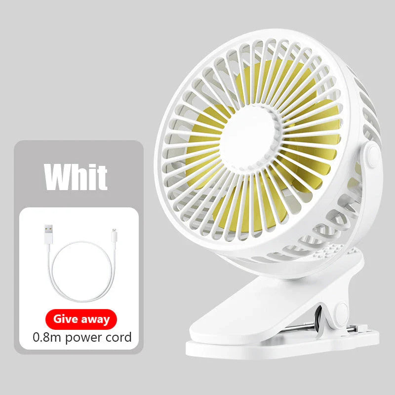 Portable Mini Hand Clip Fan with adjustable wind speed, 360° rotation, and USB rechargeable design for instant cooling relief