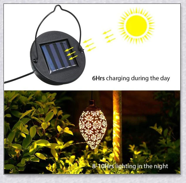 Decorative outdoor solar lanterns hanging in a lush garden, providing warm, ambient lighting