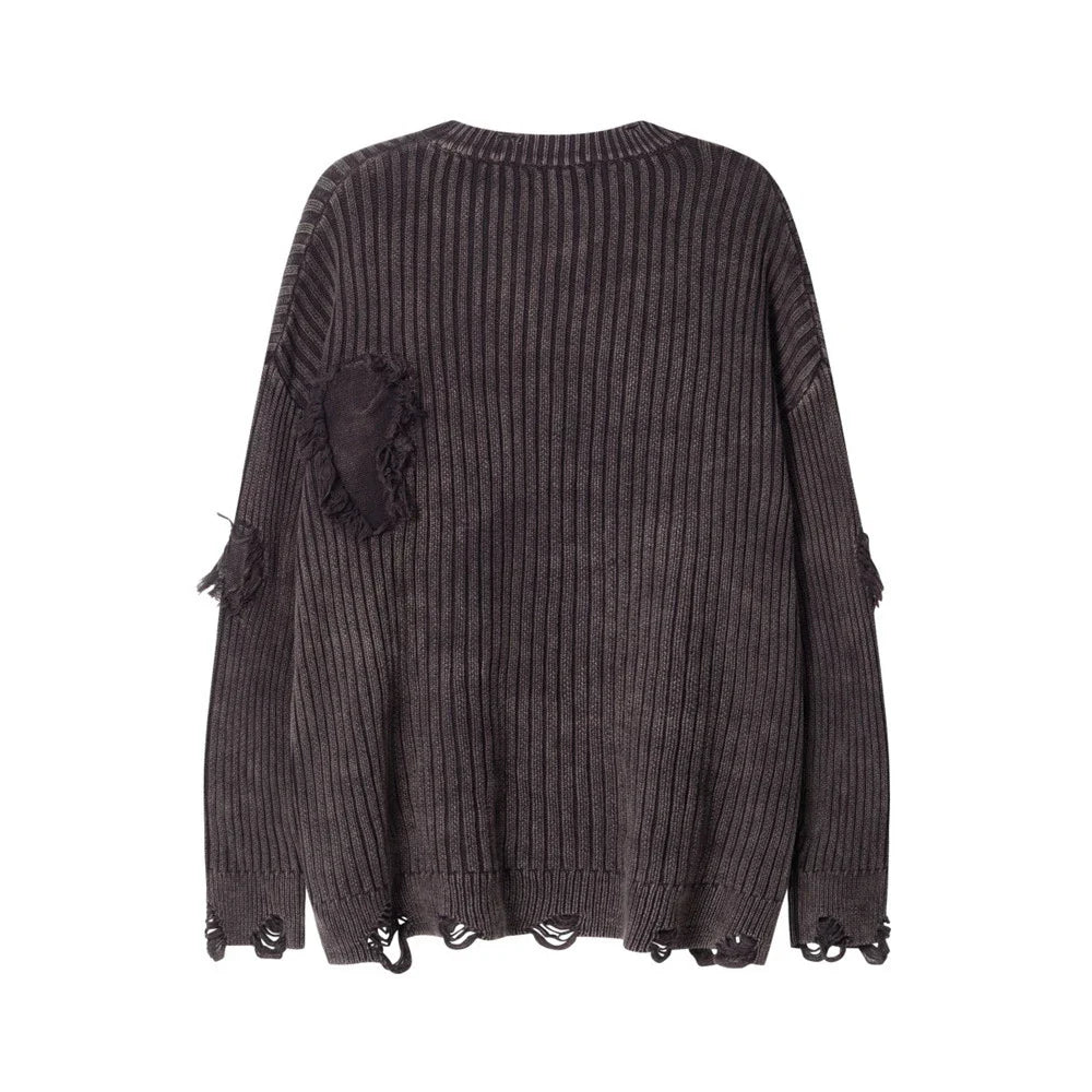 Classic ripped round neck jumper in a monochrome colour scheme, featuring a unique sunken stripe detail and a relaxed, comfortable fit.