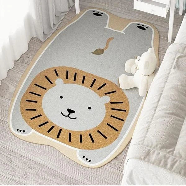 Charming animal-themed decorative rugs in various designs, including cats, foxes, lions, dogs, bunnies, wolves, and bears, adding a touch of whimsy and warmth to living rooms, bedrooms, and other cosy spaces.