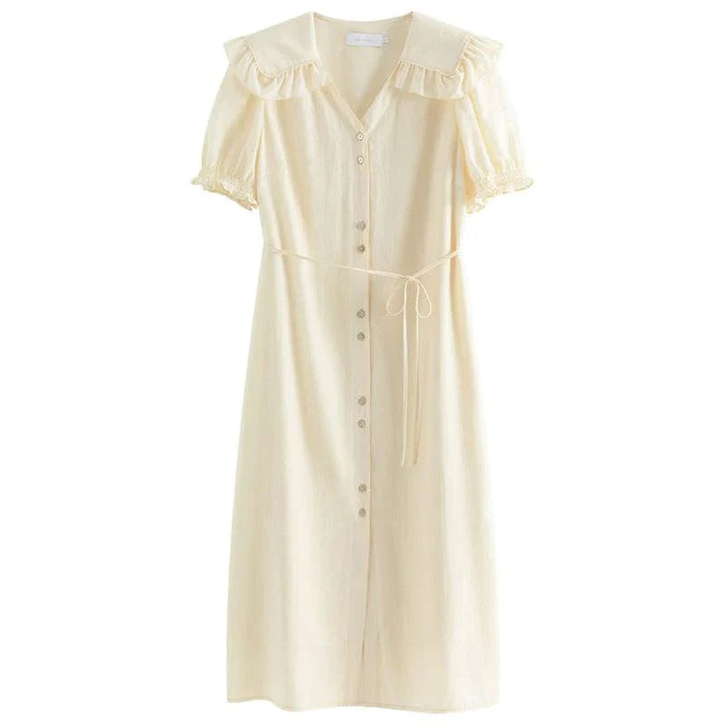 Elegant navy blue sailor collar dress with delicate fungus-edged sleeves, versatile and stylish for summer events