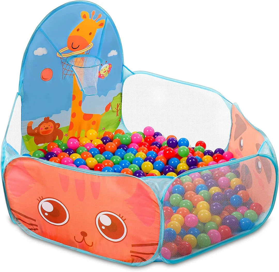 Portable Kids Ball Pit Play Tent with Colourful Animal Graphics and Basketball Hoop