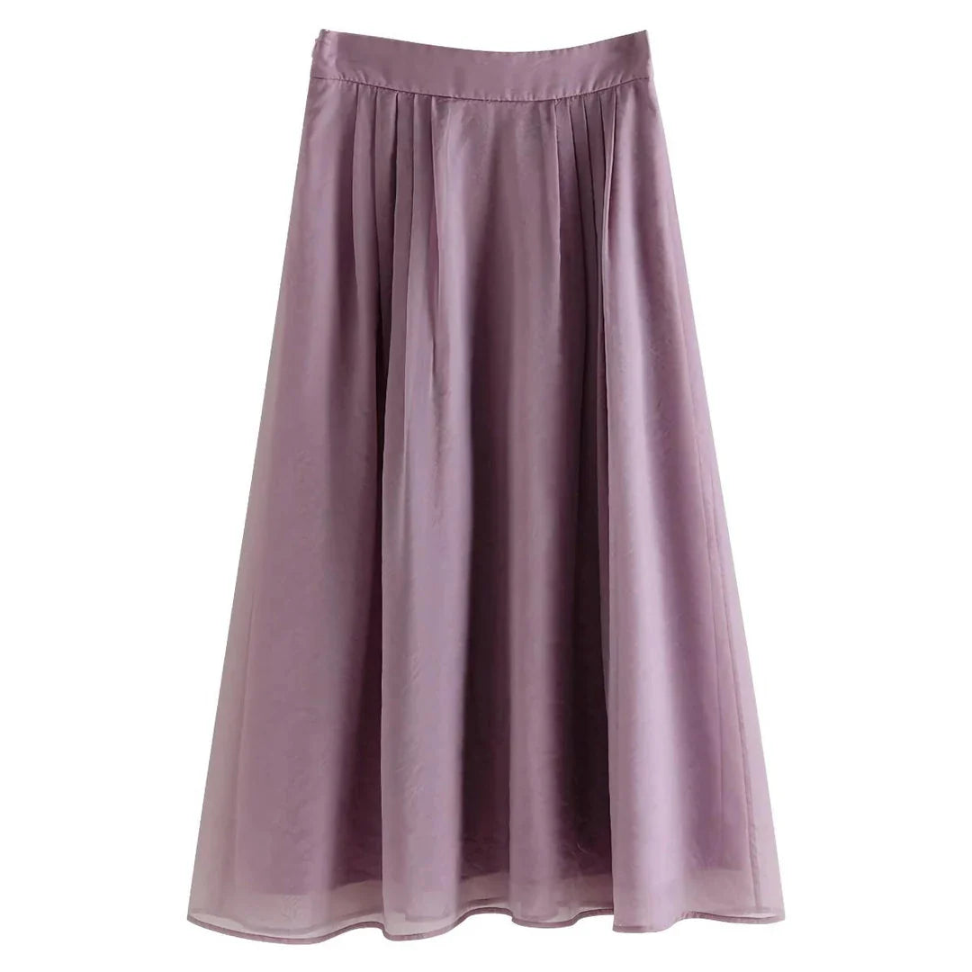 Elegant high-waist a-line midi skirt in a solid, vibrant colour for professional and social wear