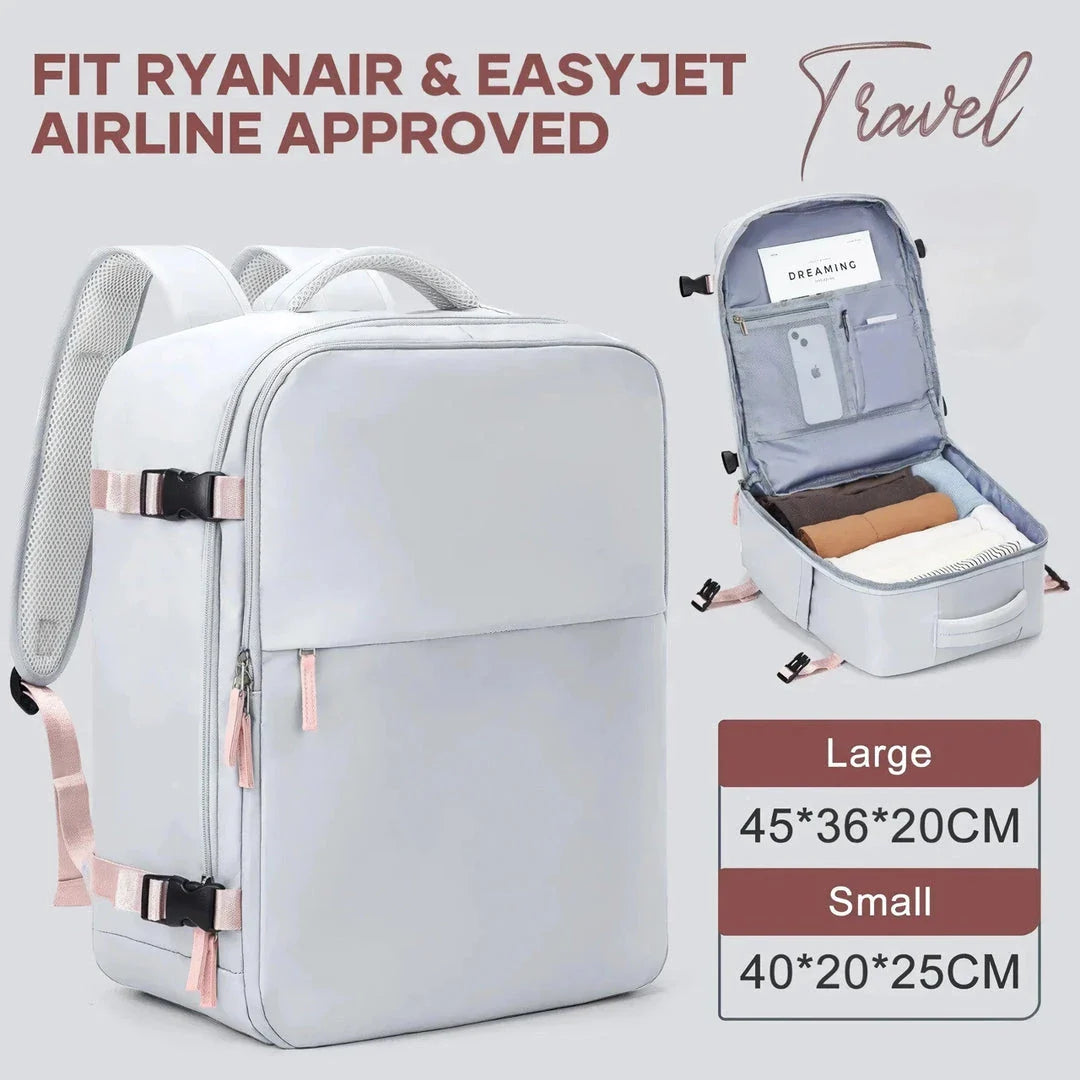Compact and versatile women's travel backpack with airline-approved dimensions, convertible design, and secure storage for electronics
