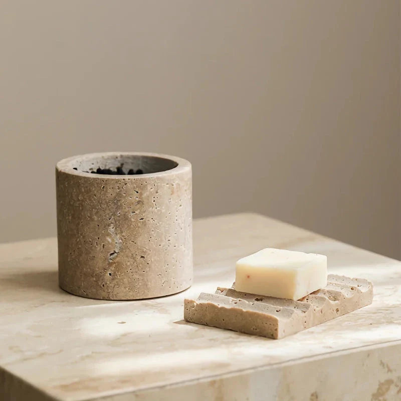 Elegant beige travertine stone storage container with Scandinavian-inspired design, suitable for kitchen, bathroom, and bedroom