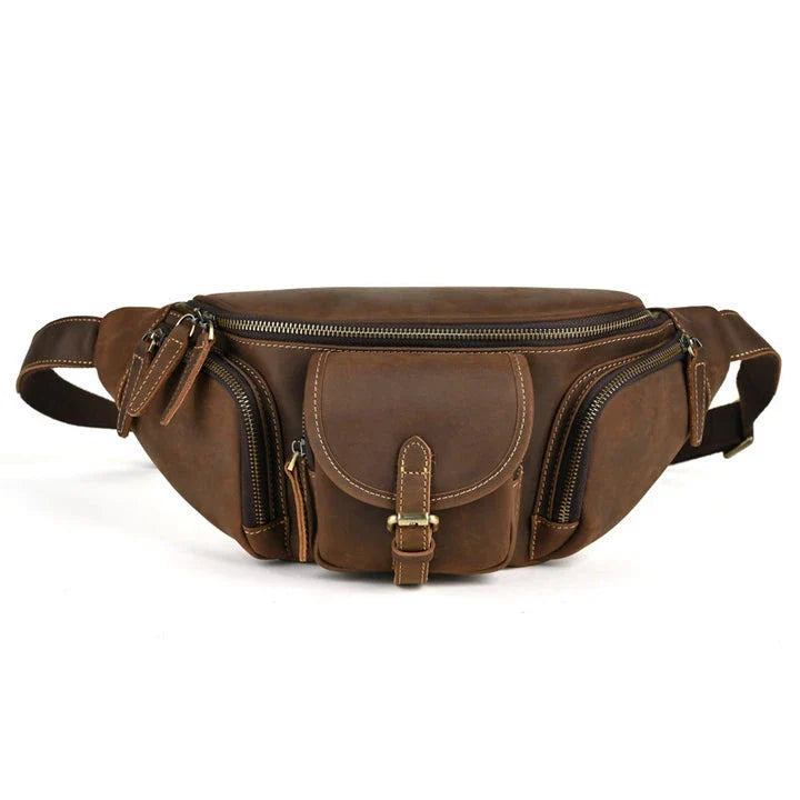 A classic leather satchel bag with a retro-inspired design, suitable for everyday use and commuting on a motorcycle.
