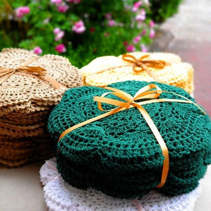 Handcrafted crochet placemats in various classic colours, showcasing the timeless elegance of British craftsmanship