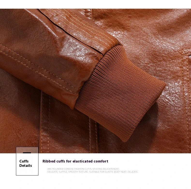 A stylish men's leather jacket with a stand collar, slim fit, and short length, offering premium quality and versatile wear.