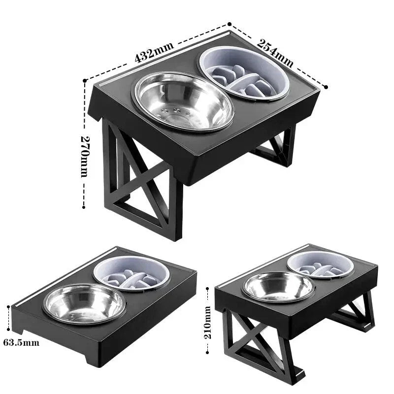Adjustable height dog bowl stand with slow feeding option, suitable for medium to large dogs