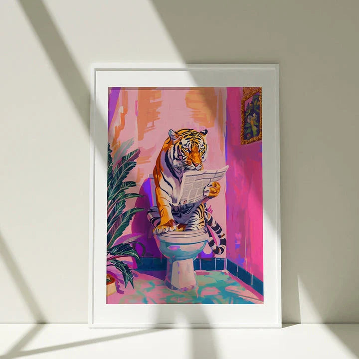 Funny Jungle Animal Tiger in a Bathroom Canvas Print, a modern Nordic art piece featuring a cheeky tiger in a bathroom setting