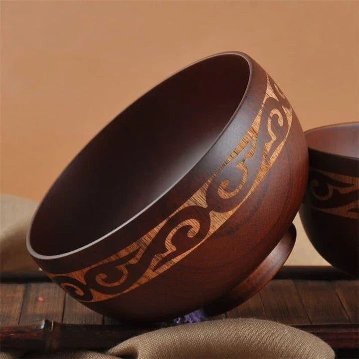 Elegant Mongolian-style wooden serving bowl with a smooth, natural grain and subtly curved silhouette