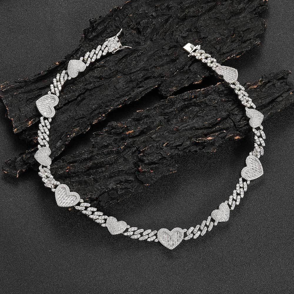 Platinum Cuban Link Chain Necklace with Zircon Mosaic Inlay, Offering Sophisticated Style and Lasting Durability
