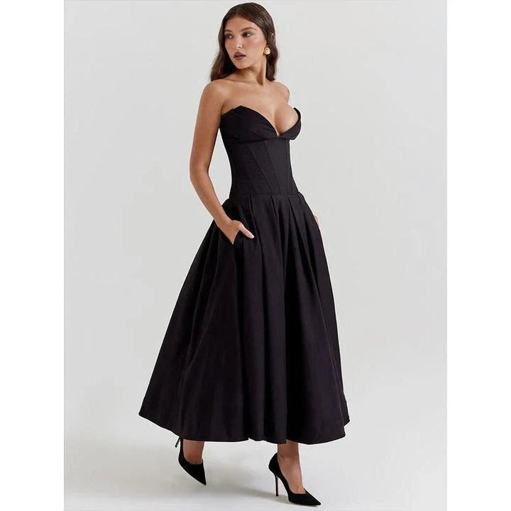 Elegant backless midi dress in black colour for sophisticated British women