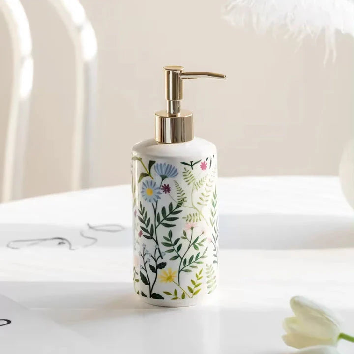 Ceramic Flower Soap Dispenser with elegant floral design for luxurious bathroom décor